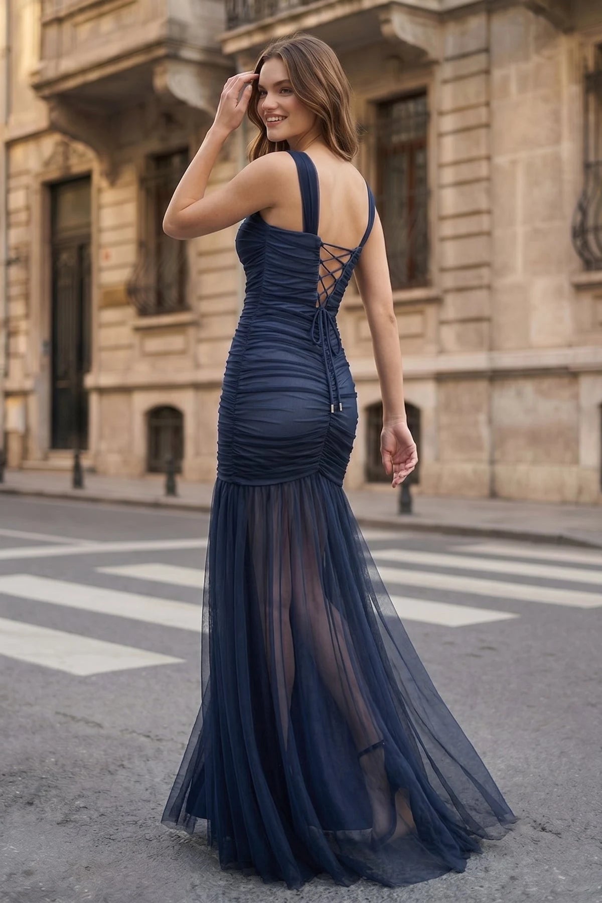Elegant Mermaid Sweetheart Sleeveless Ruched Corset Navy Long Prom Dresses Gown