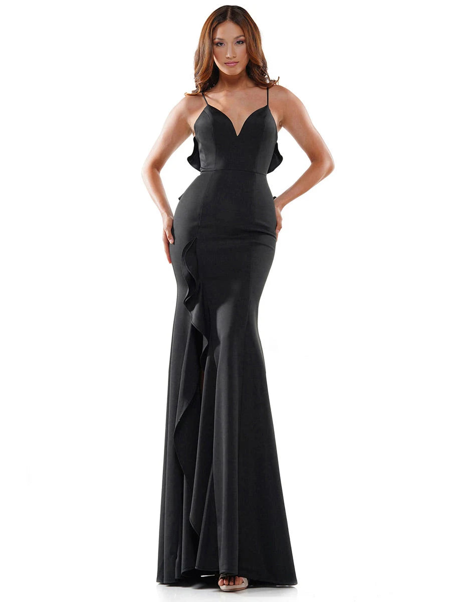 Elegant Mermaid Sweetheart Sleeveless Ruffled Open Back Black Floor-Length Prom Gown
