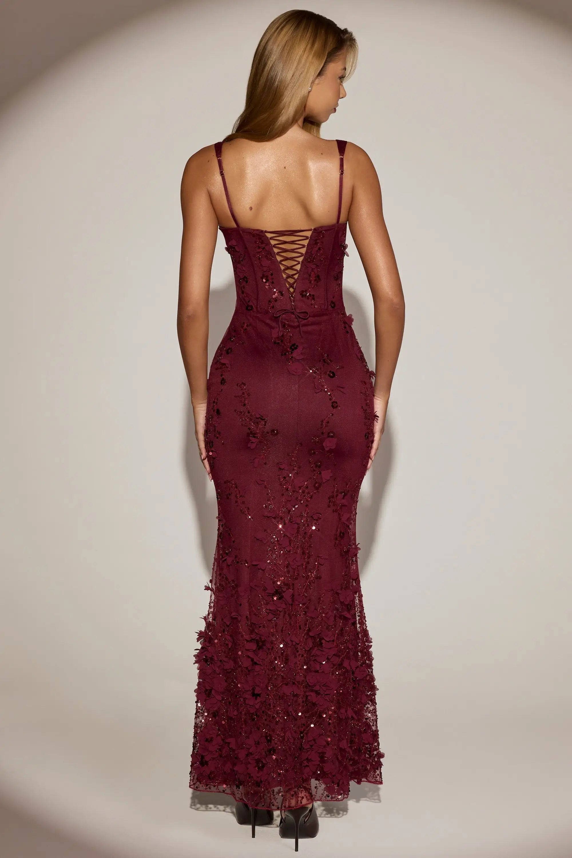 Elegant Mermaid Sweetheart Sleeveless Sequin Floral Burgundy Floor-Length Prom Dress