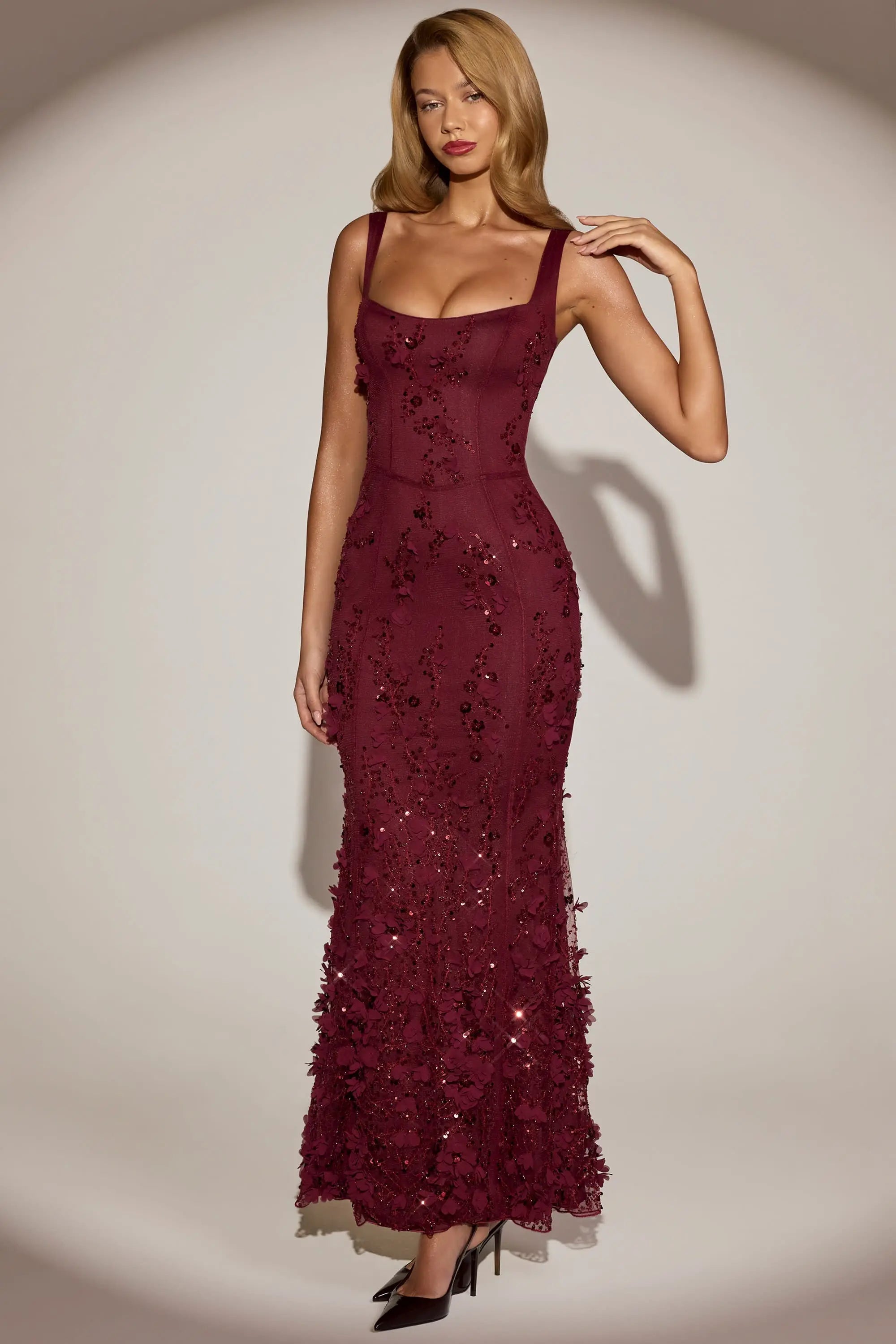 Elegant Mermaid Sweetheart Sleeveless Sequin Floral Burgundy Floor-Length Prom Dress
