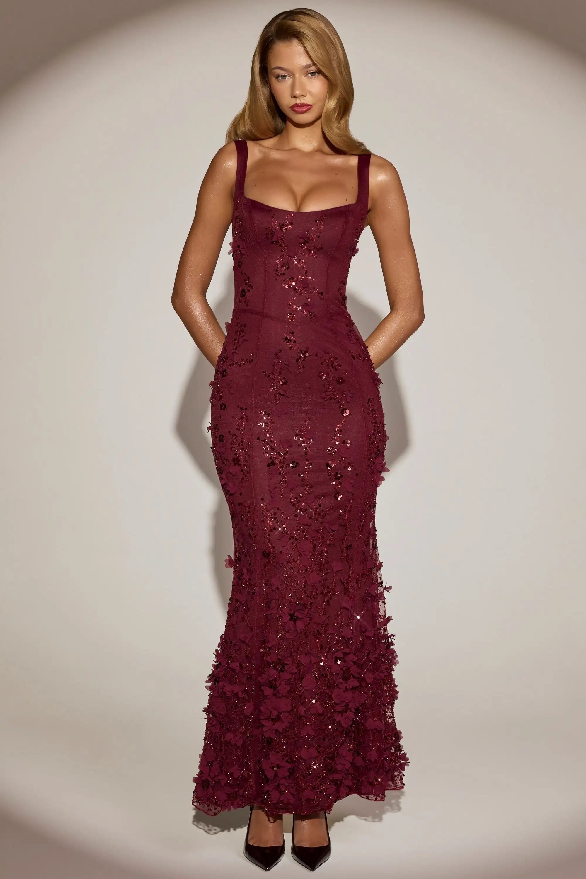 Elegant Mermaid Sweetheart Sleeveless Sequin Floral Burgundy Floor-Length Prom Dress