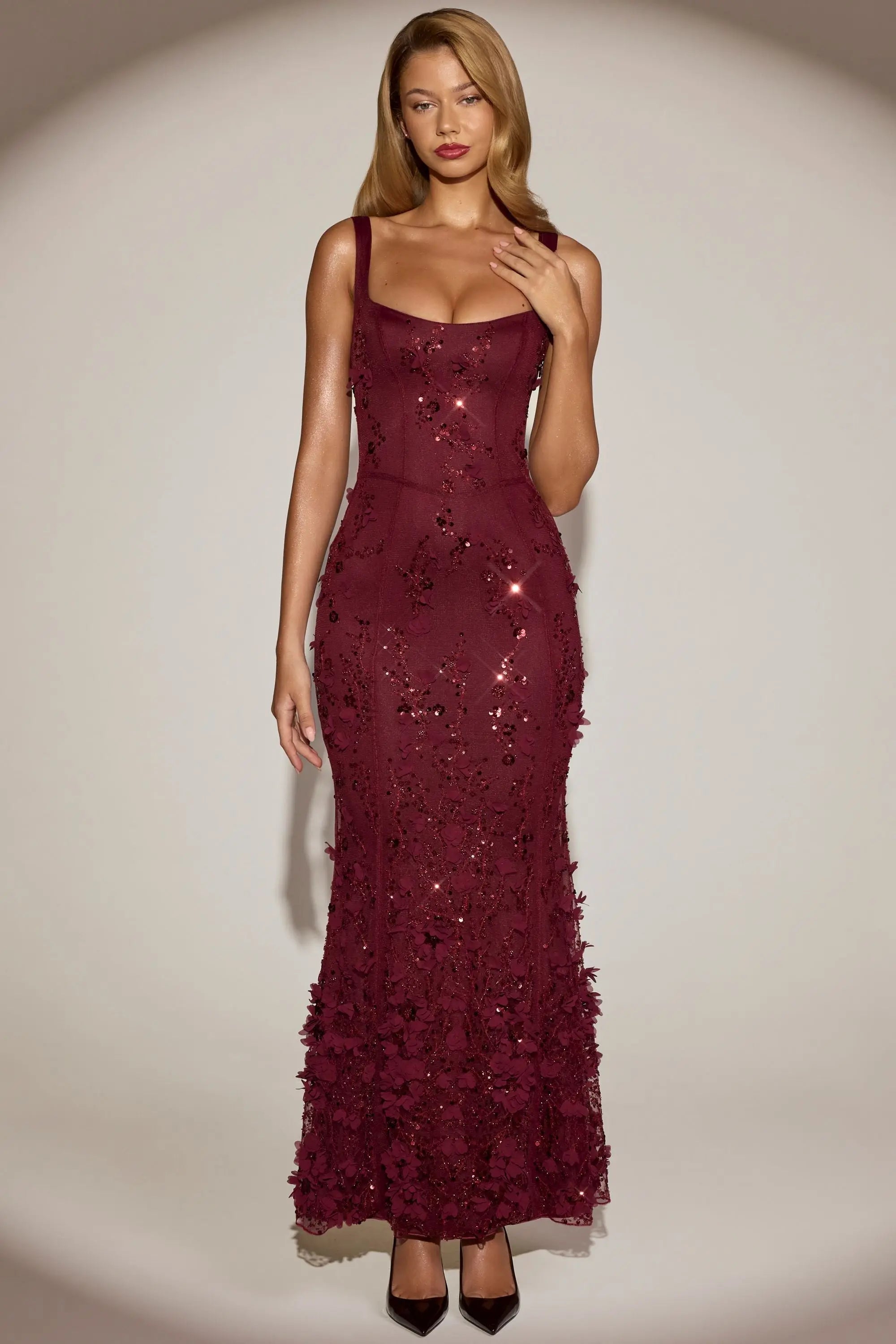 Elegant Mermaid Sweetheart Sleeveless Sequin Floral Burgundy Floor-Length Prom Dress