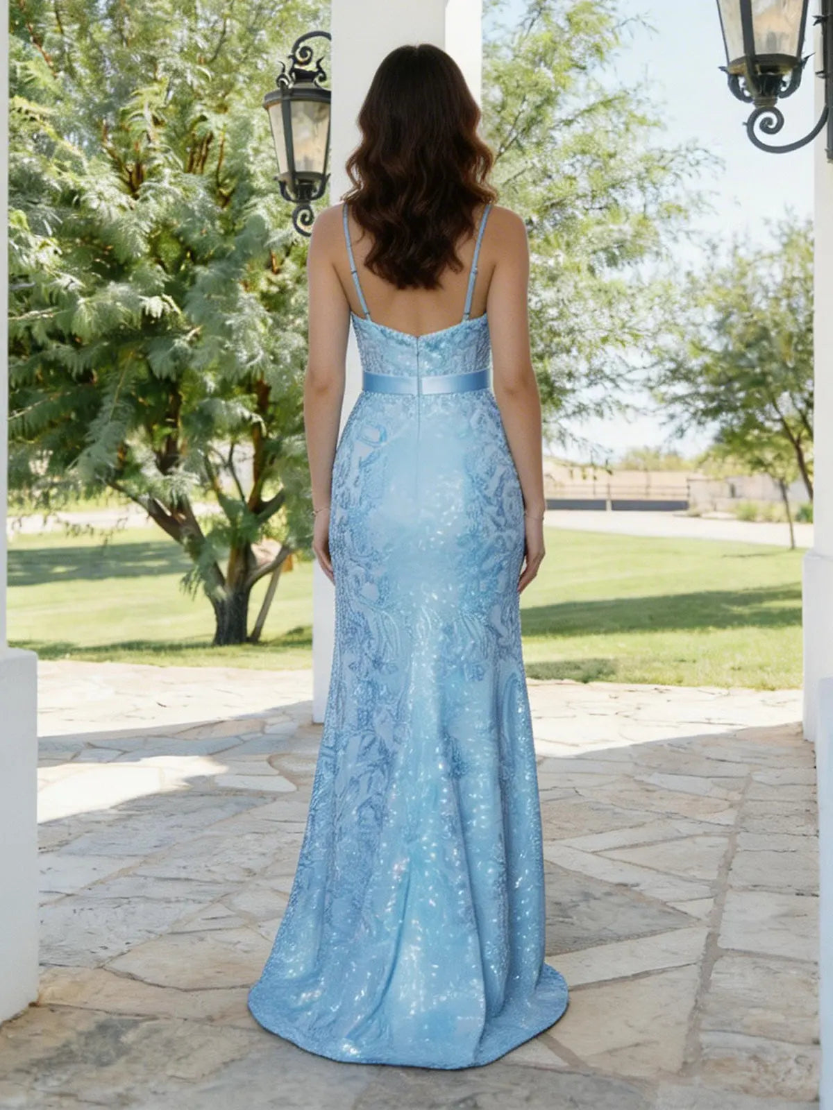 Elegant Mermaid Sweetheart Sleeveless Sequin Slit Light Blue Floor-Length Prom Dress