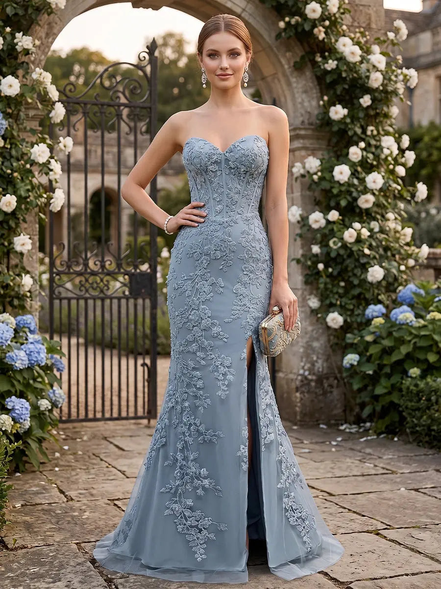 Elegant Mermaid Sweetheart Strapless Embroidered Dusty Blue Floor Length Prom Gown