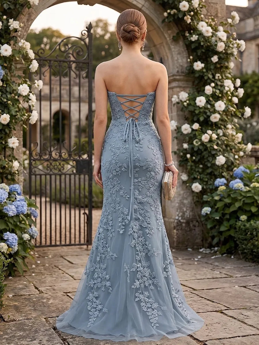 Elegant Mermaid Sweetheart Strapless Embroidered Dusty Blue Floor Length Prom Gown