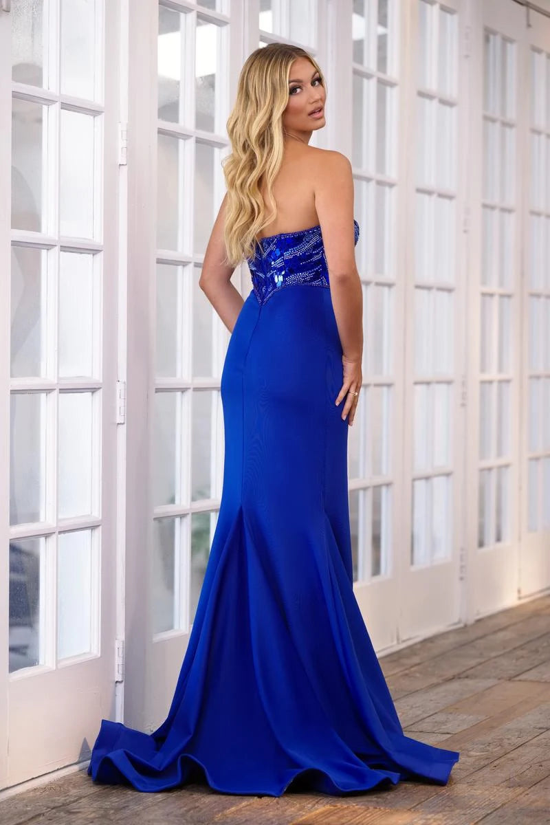 Elegant Mermaid Sweetheart Strapless Sequin High Slit Royal Blue Floor-Length Prom Dress