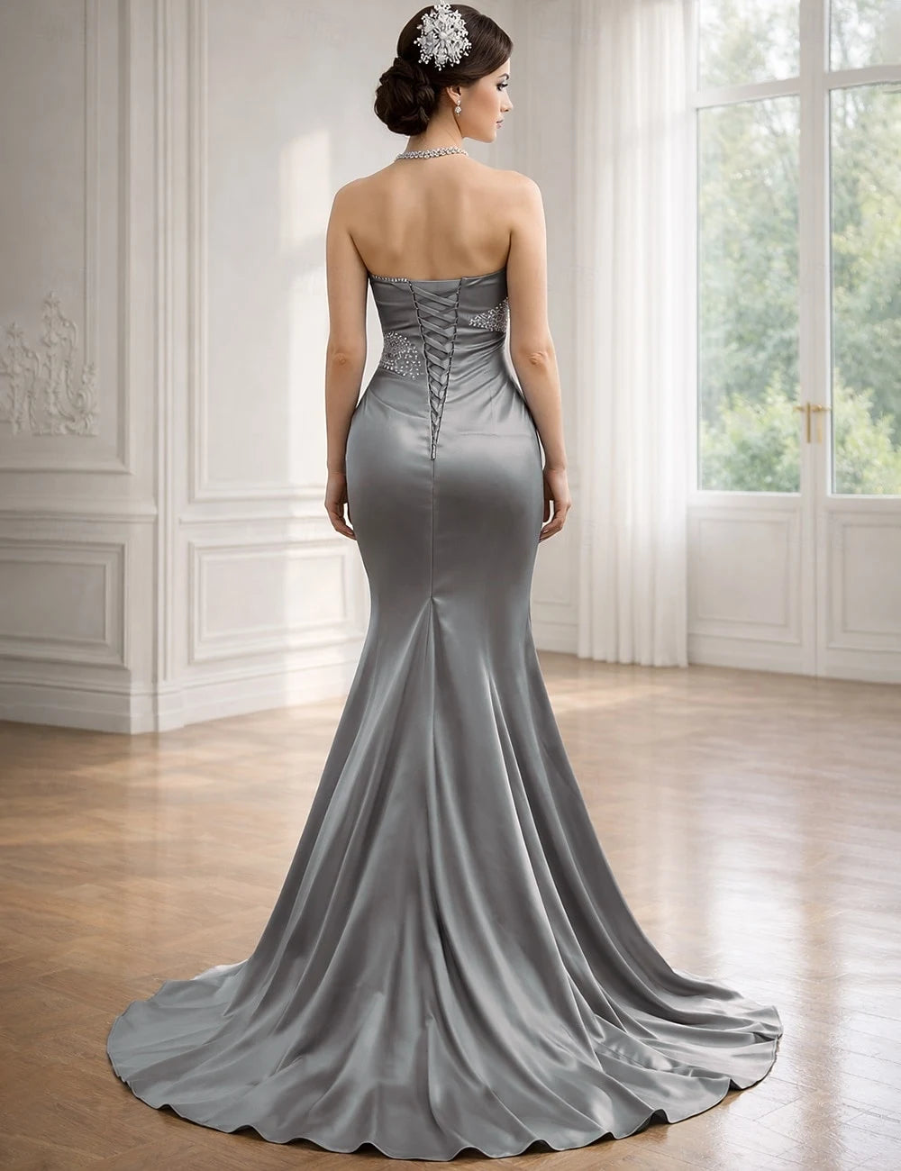Elegant Mermaid Sweetheart Strapless Sleeveless Beaded Ruched Silver Floor-Length Evening Dresses Women's Gown