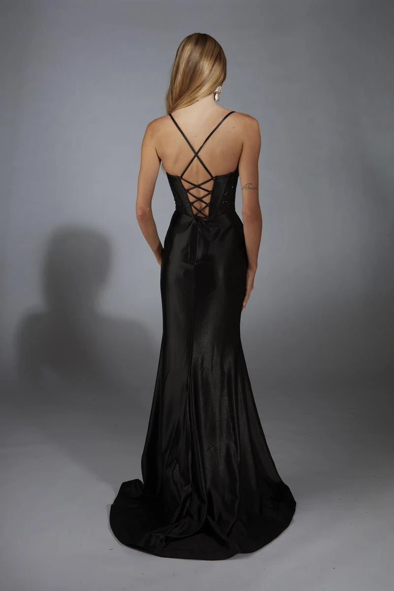 Elegant Mermaid Sweetheart V-Neck Sleeveless Corset Black Long Prom Dress
