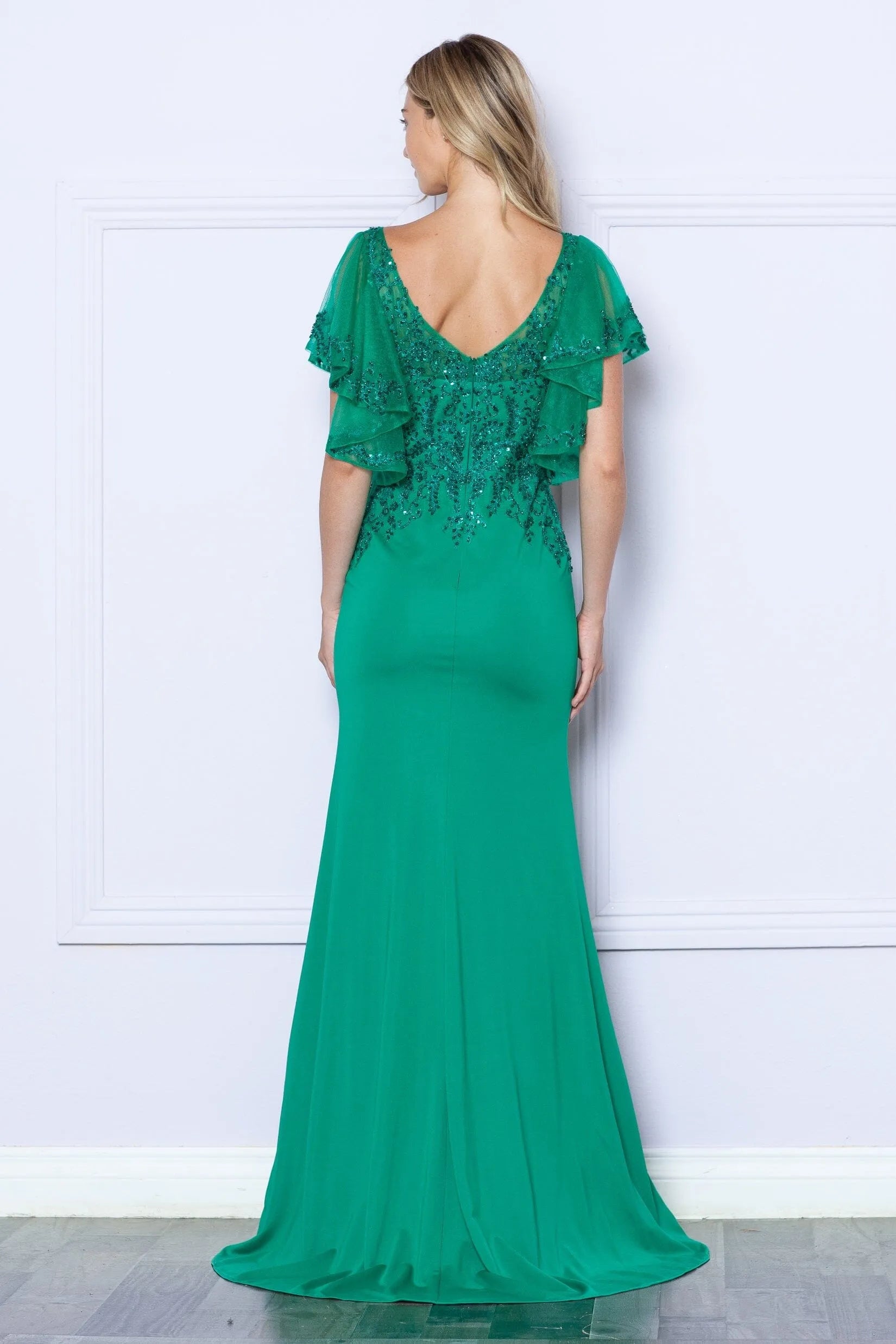 Elegant Mermaid V-Neck Flutter Sleeve Beaded Sequin Emerald Green Floor-Length Prom Gown