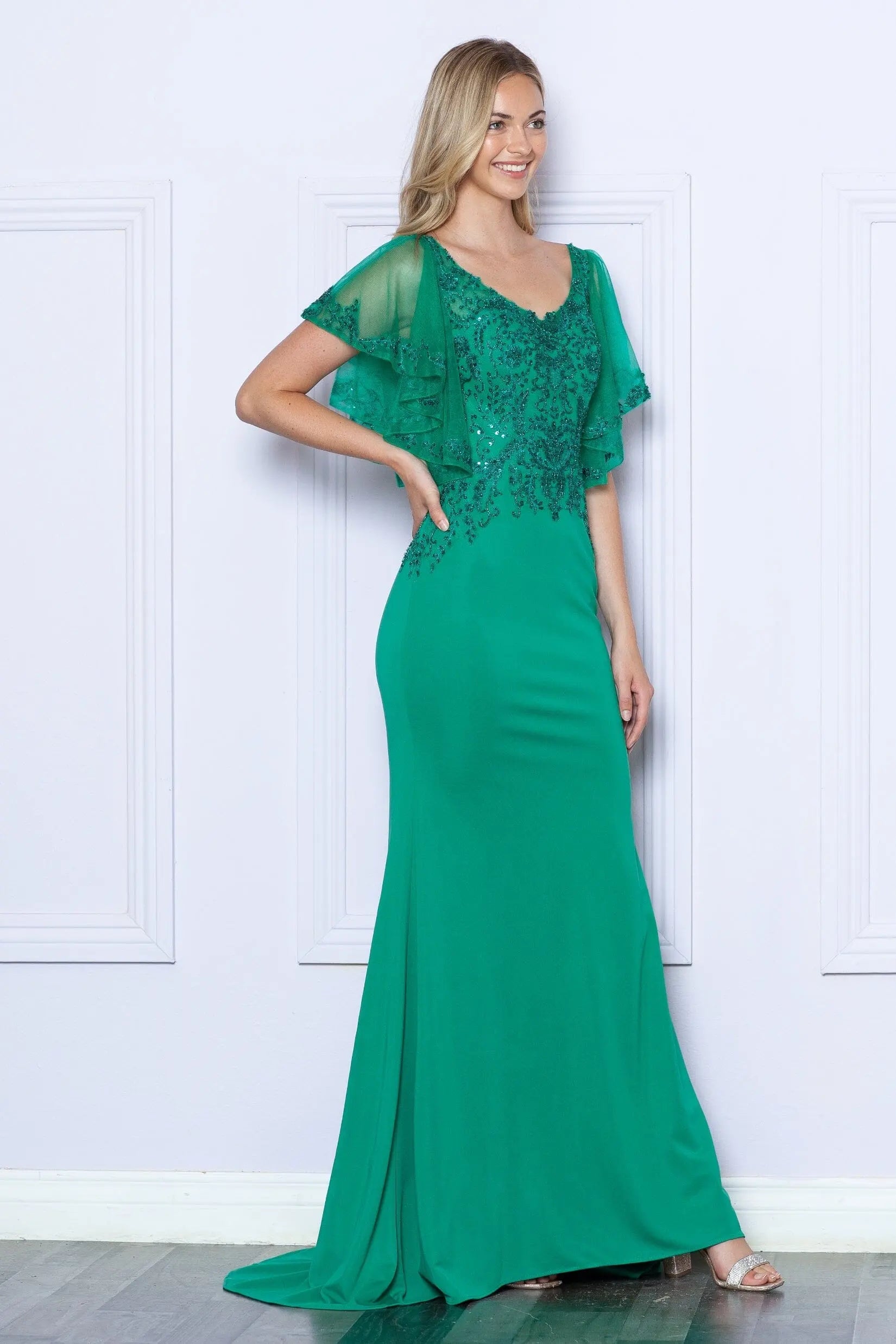 Elegant Mermaid V-Neck Flutter Sleeve Beaded Sequin Emerald Green Floor-Length Prom Gown