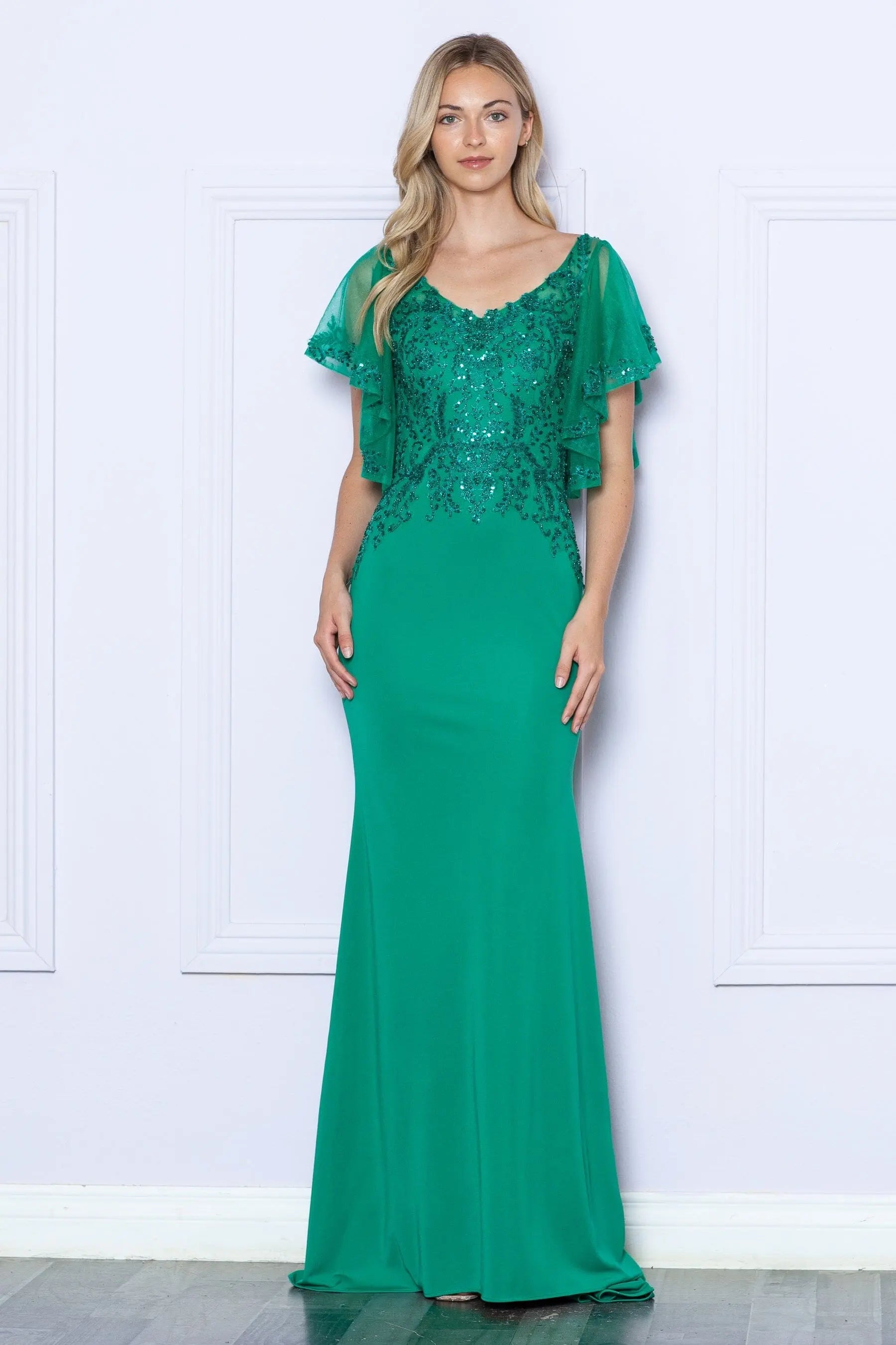 Elegant Mermaid V-Neck Flutter Sleeve Beaded Sequin Emerald Green Floor-Length Prom Gown