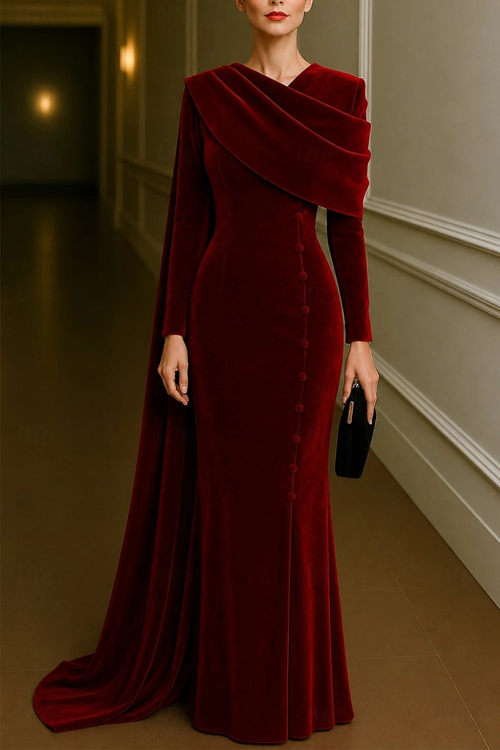 Elegant Mermaid V-Neck Long Sleeve Draped Burgundy Floor-Length Evening Gown