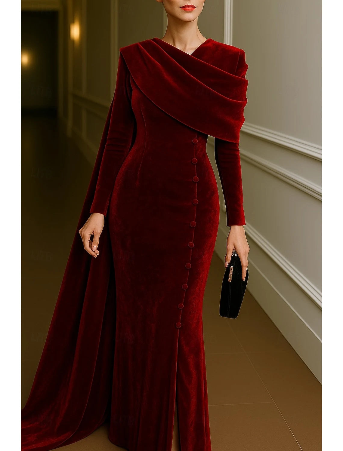 Elegant Mermaid V-Neck Long Sleeve Draped Burgundy Floor-Length Evening Gown