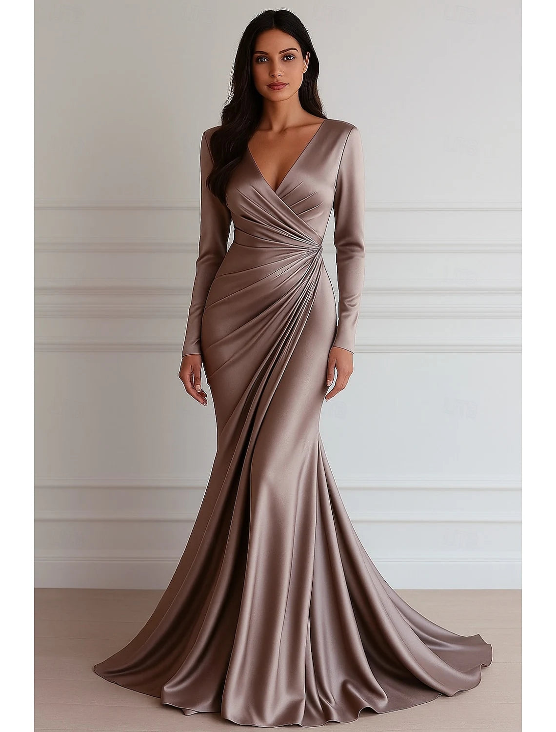 Elegant Mermaid V-Neck Long Sleeve Draped Ruched Mocha Brown Evening Dress
