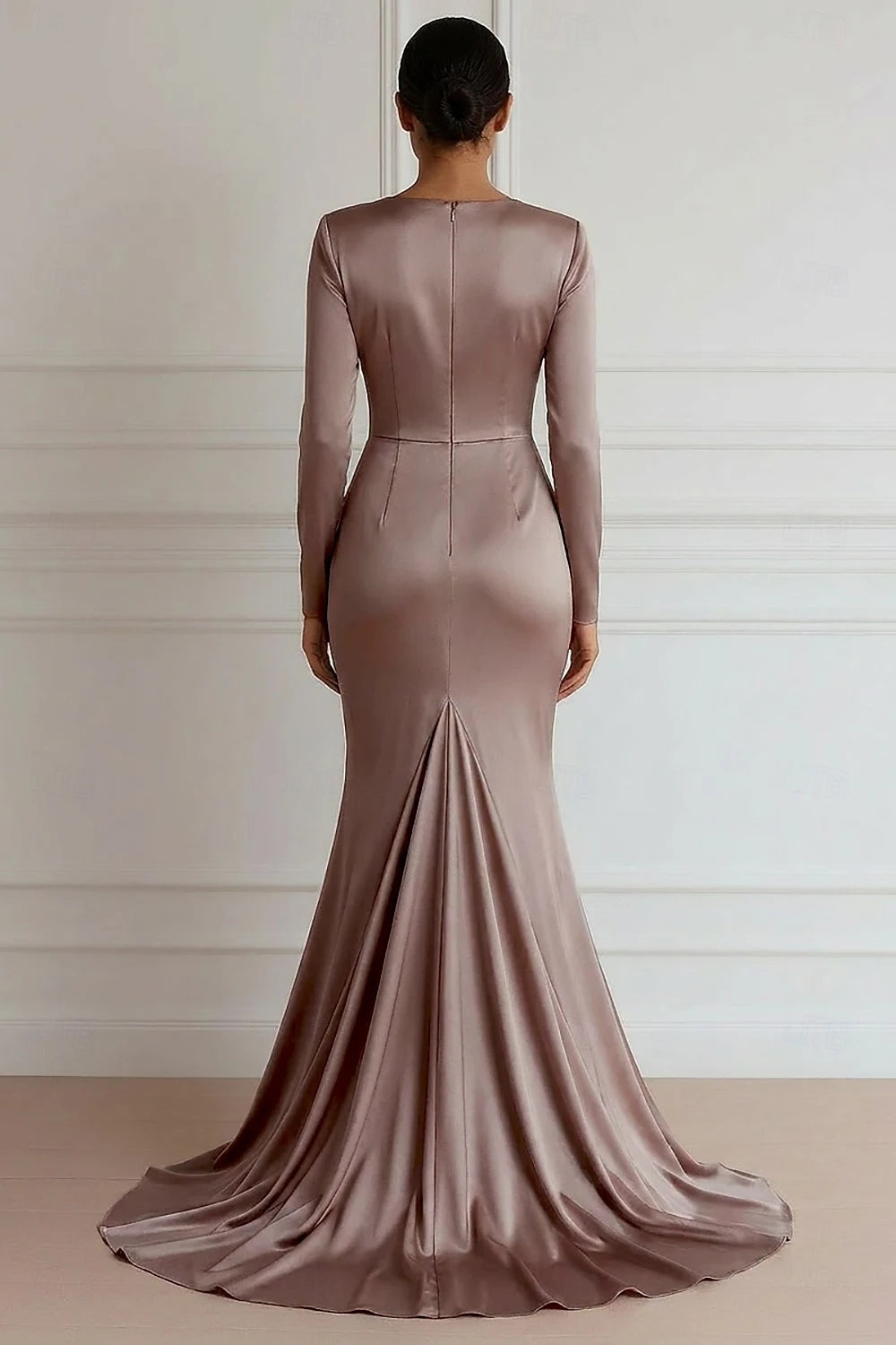 Elegant Mermaid V-Neck Long Sleeve Draped Ruched Mocha Brown Evening Dress