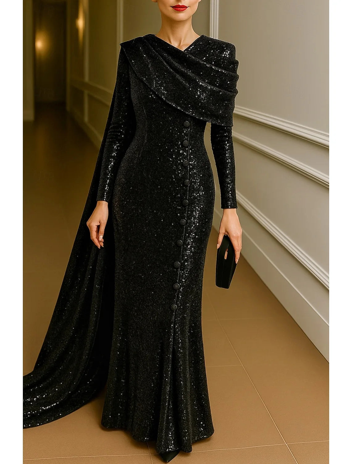 Elegant Mermaid V-Neck Long Sleeve Draped Sequin Black Floor-Length Evening Gown
