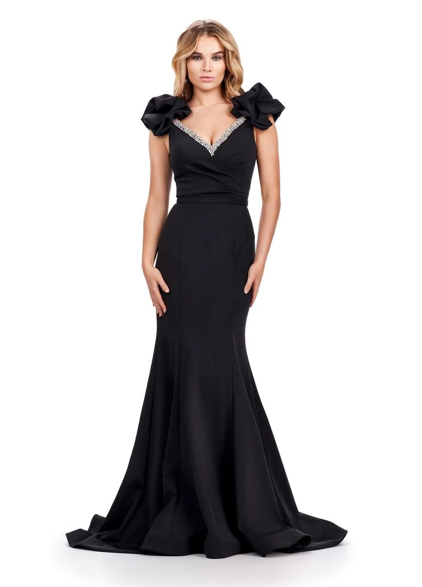 Elegant Mermaid V-Neck Ruffled Shoulder Beaded Black Floor-Length Prom Gown