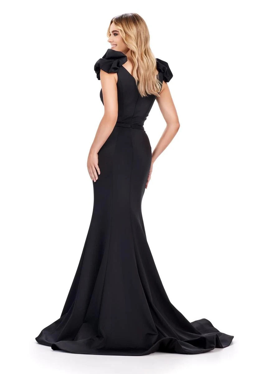 Elegant Mermaid V-Neck Ruffled Shoulder Beaded Black Floor-Length Prom Gown
