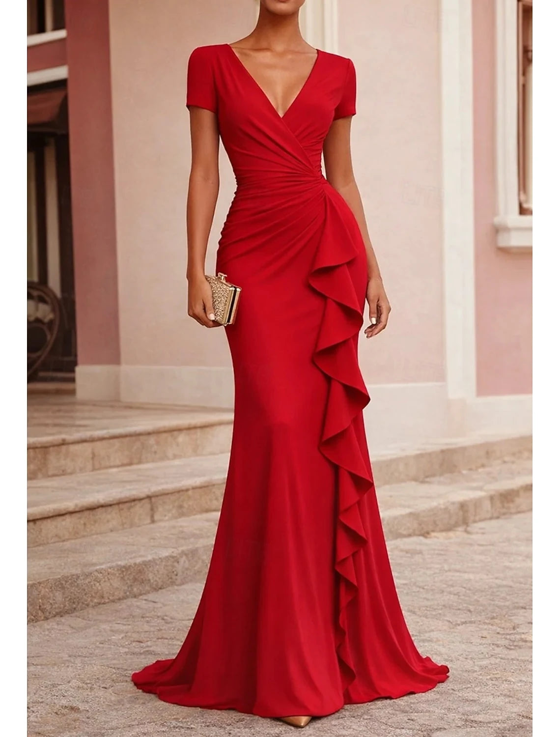 Elegant Mermaid V-Neck Short Sleeve Ruched Red Floor-Length Evening Gown