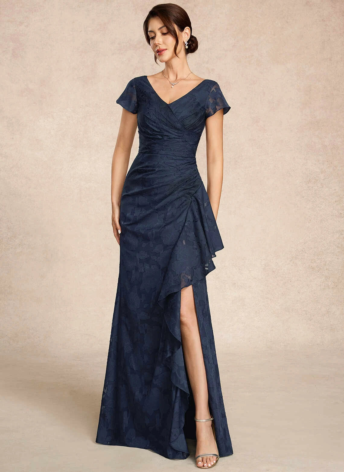 Elegant Mermaid V-Neck Short Sleeve Ruffled Slit Navy Floor Length Mother of the Bride Dress For Women Gown