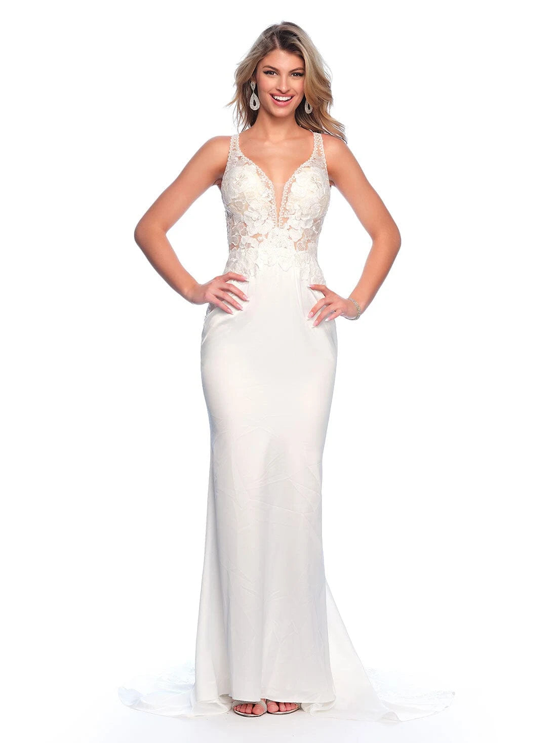 Elegant Mermaid V-Neck Sleeveless Applique Open Back Ivory Floor-Length Prom Gown