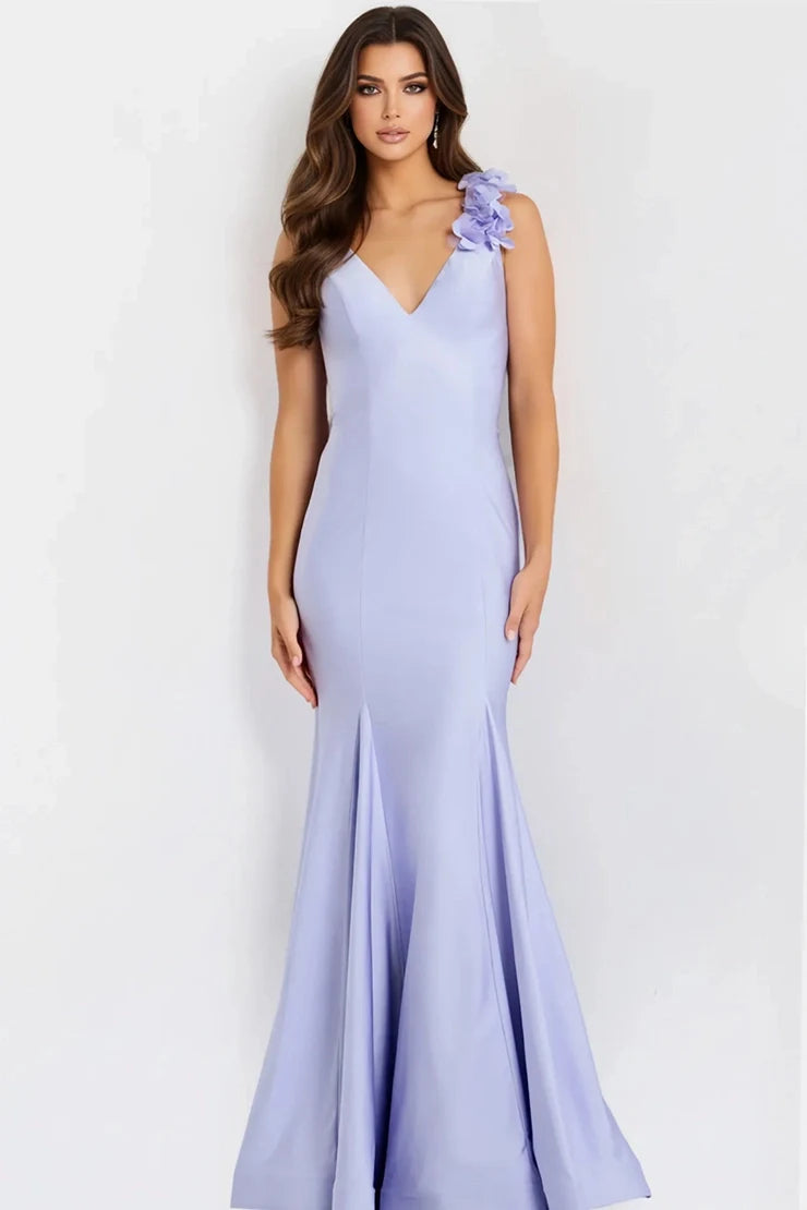 Elegant Mermaid V-Neck Sleeveless Floral-Ruched Lavender Long Prom Dresses Women Gown