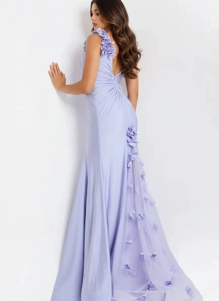 Elegant Mermaid V-Neck Sleeveless Floral-Ruched Lavender Long Prom Dresses Women Gown
