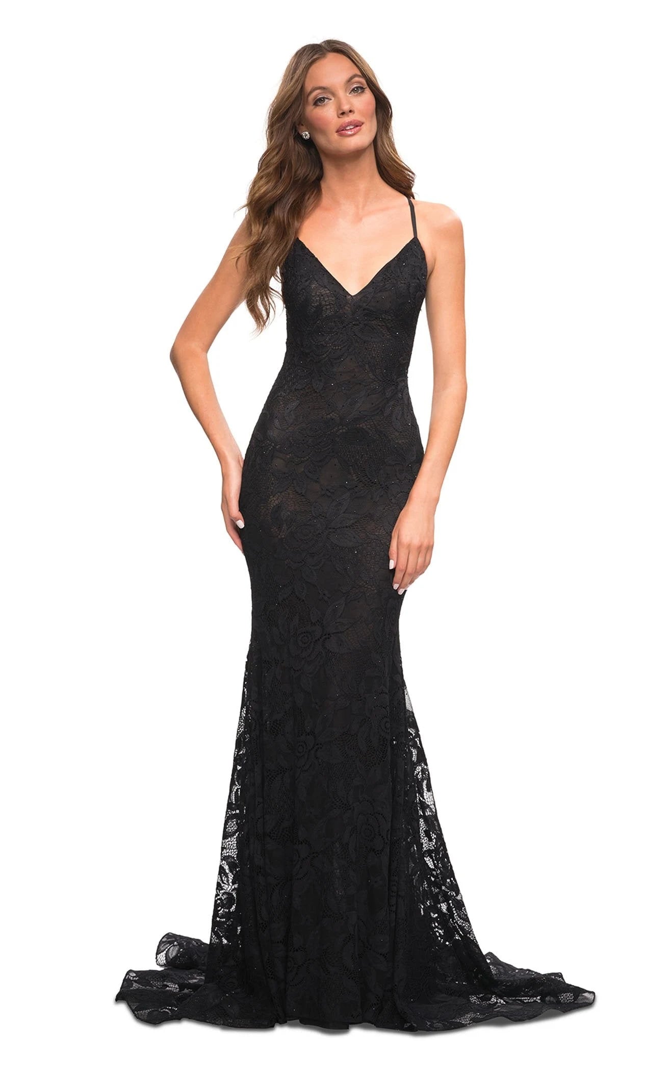 Elegant Mermaid V-Neck Sleeveless Lace Sequin Black Long Prom Dress Women
