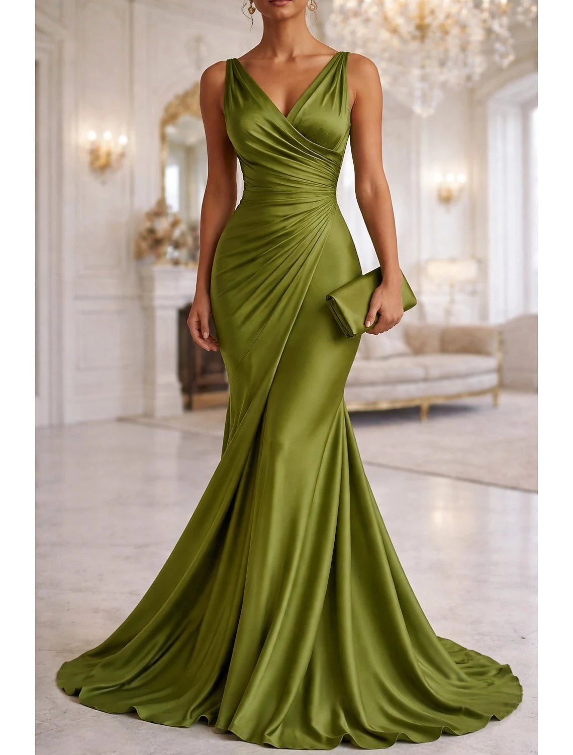 Elegant Mermaid V-Neck Sleeveless Ruched Olive Green Floor-Length Evening Gown