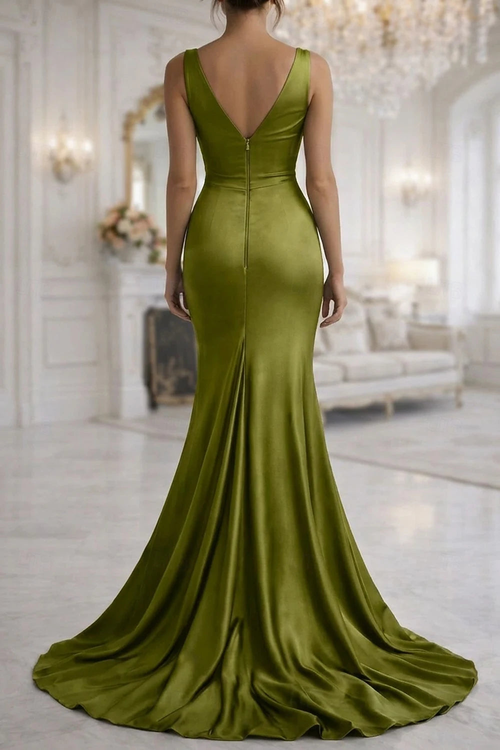 Elegant Mermaid V-Neck Sleeveless Ruched Olive Green Floor-Length Evening Gown