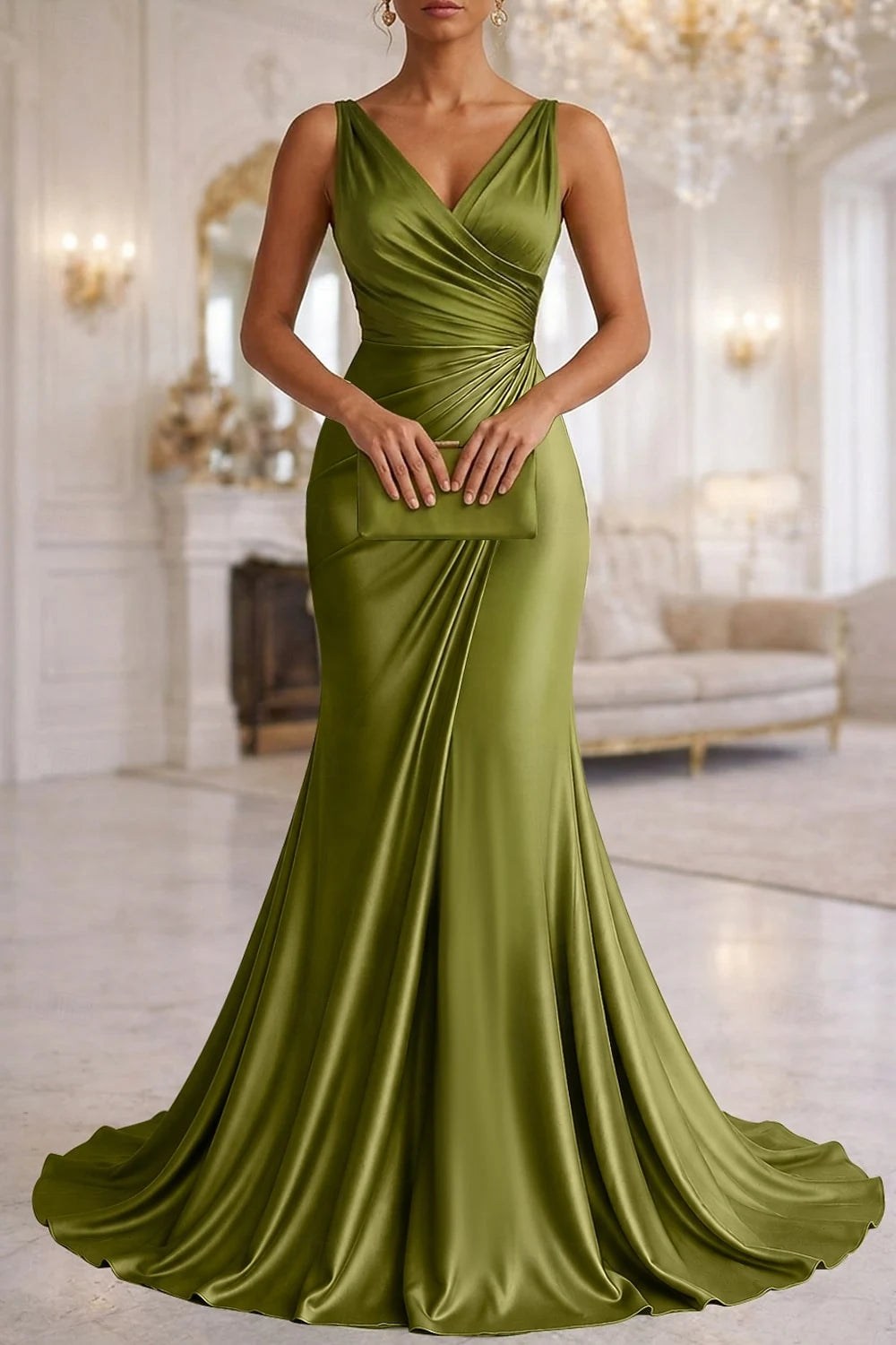 Elegant Mermaid V-Neck Sleeveless Ruched Olive Green Floor-Length Evening Gown