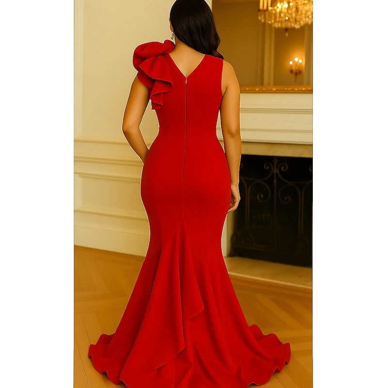 Elegant Mermaid V-Neck Sleeveless Ruffled One-Shoulder Red Floor-Length Evening Gown