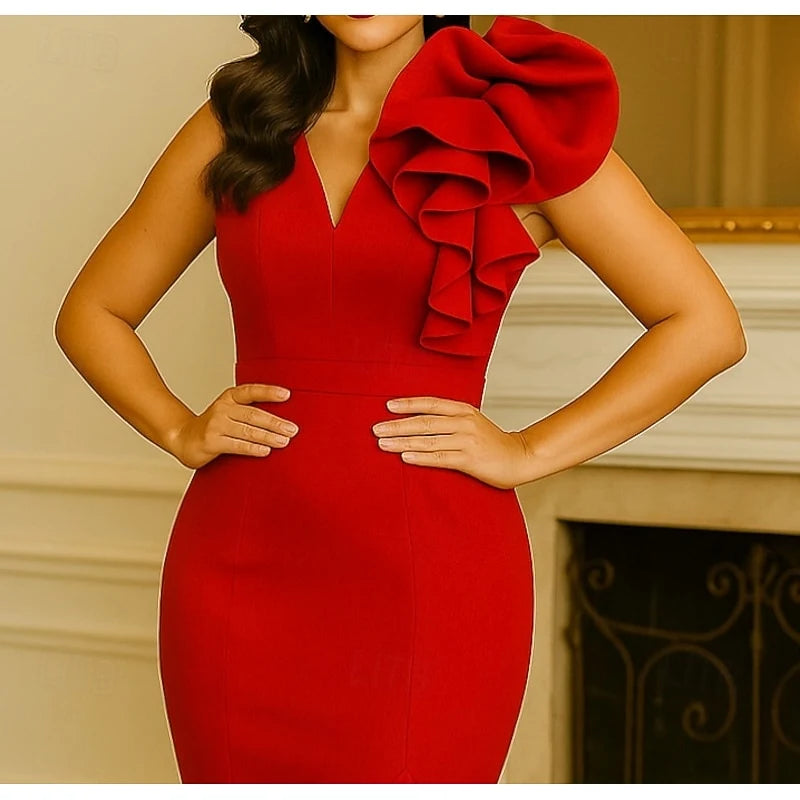 Elegant Mermaid V-Neck Sleeveless Ruffled One-Shoulder Red Floor-Length Evening Gown