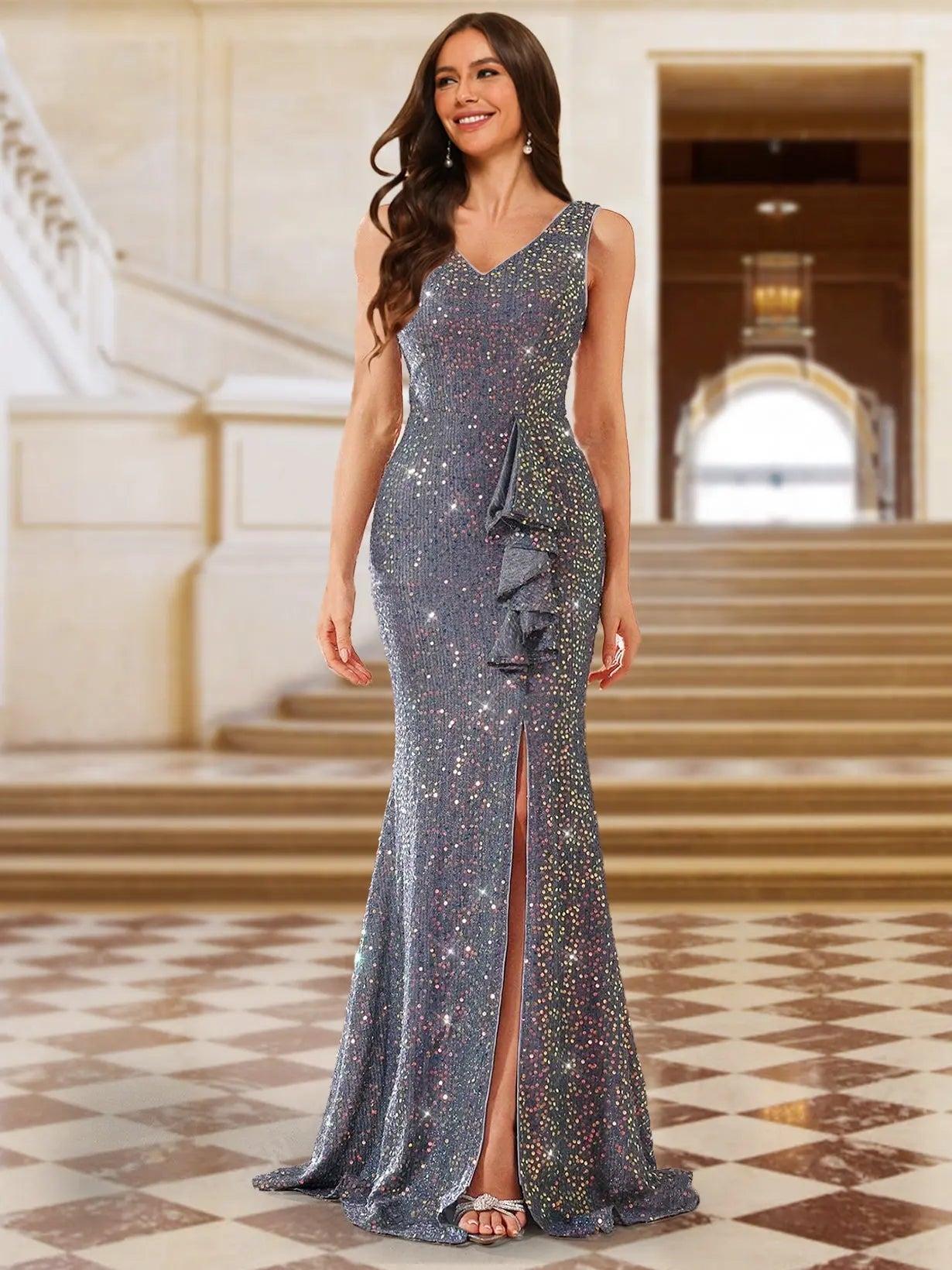 Elegant Mermaid V-Neck Sleeveless Sparkly Ruffled Grey Floor-Length Prom Dress for Women
