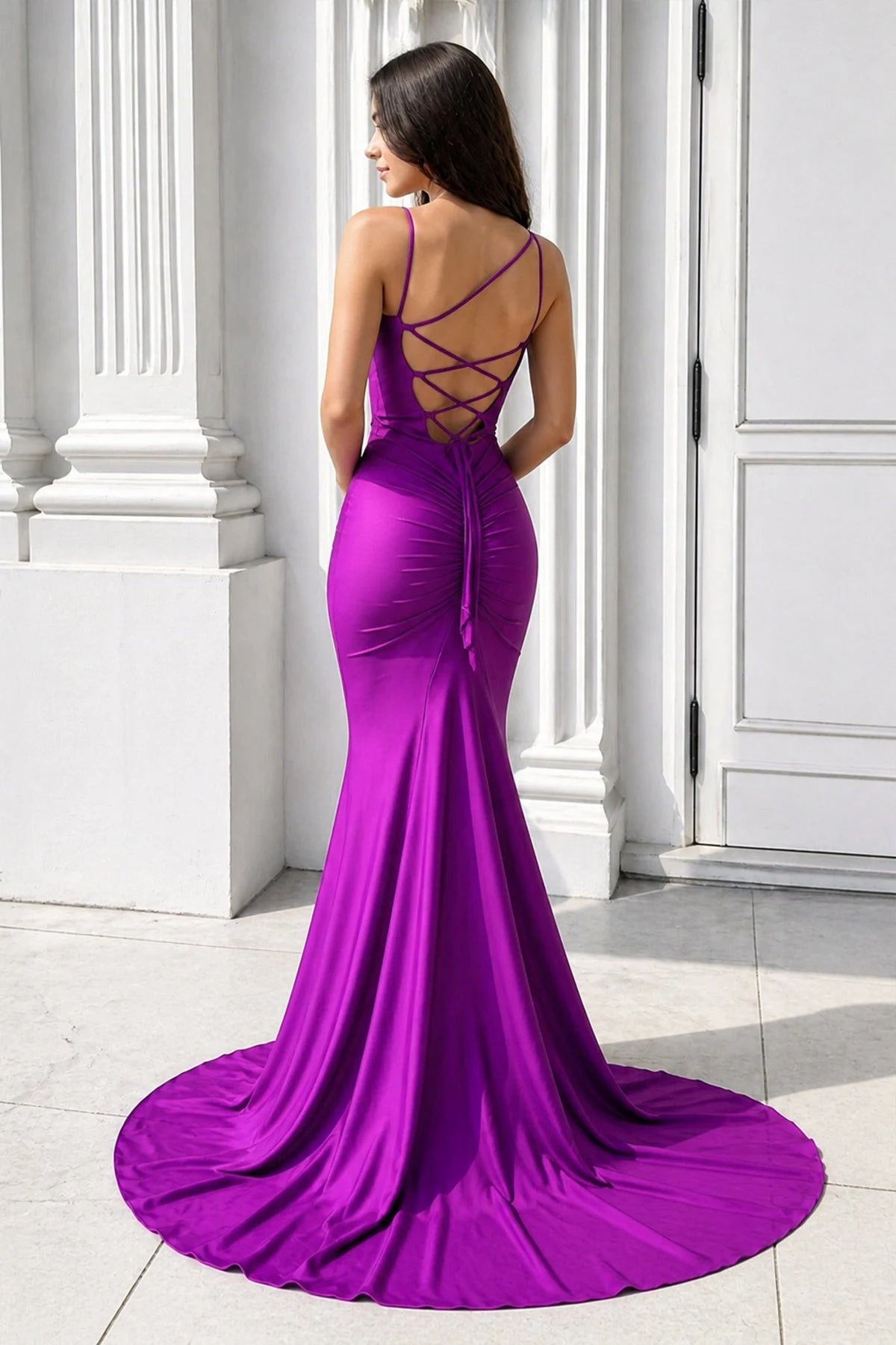 Elegant Mermaid V-Neck Sleeveless Strappy Ruched Purple Long Prom Dresses Women