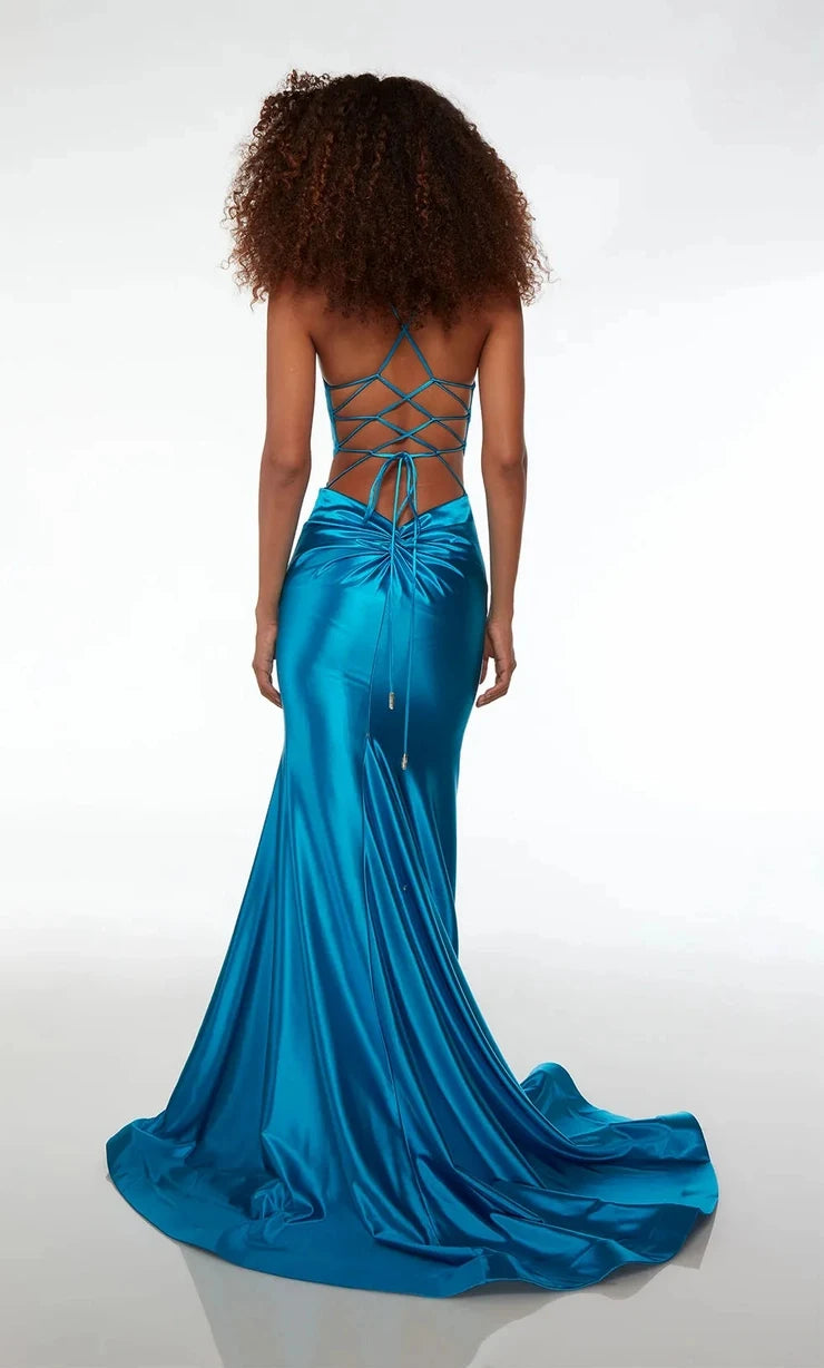Elegant Mermaid V Neck Sleeveless Backless Cutout Peacock Blue Long Prom Dresses For Women