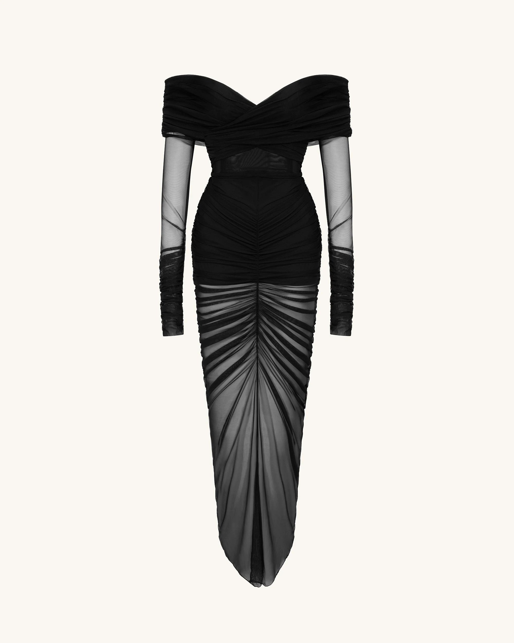 Elegant Off-Shoulder Long Sleeve Ruched Black Maxi Prom Dress Women's Gown