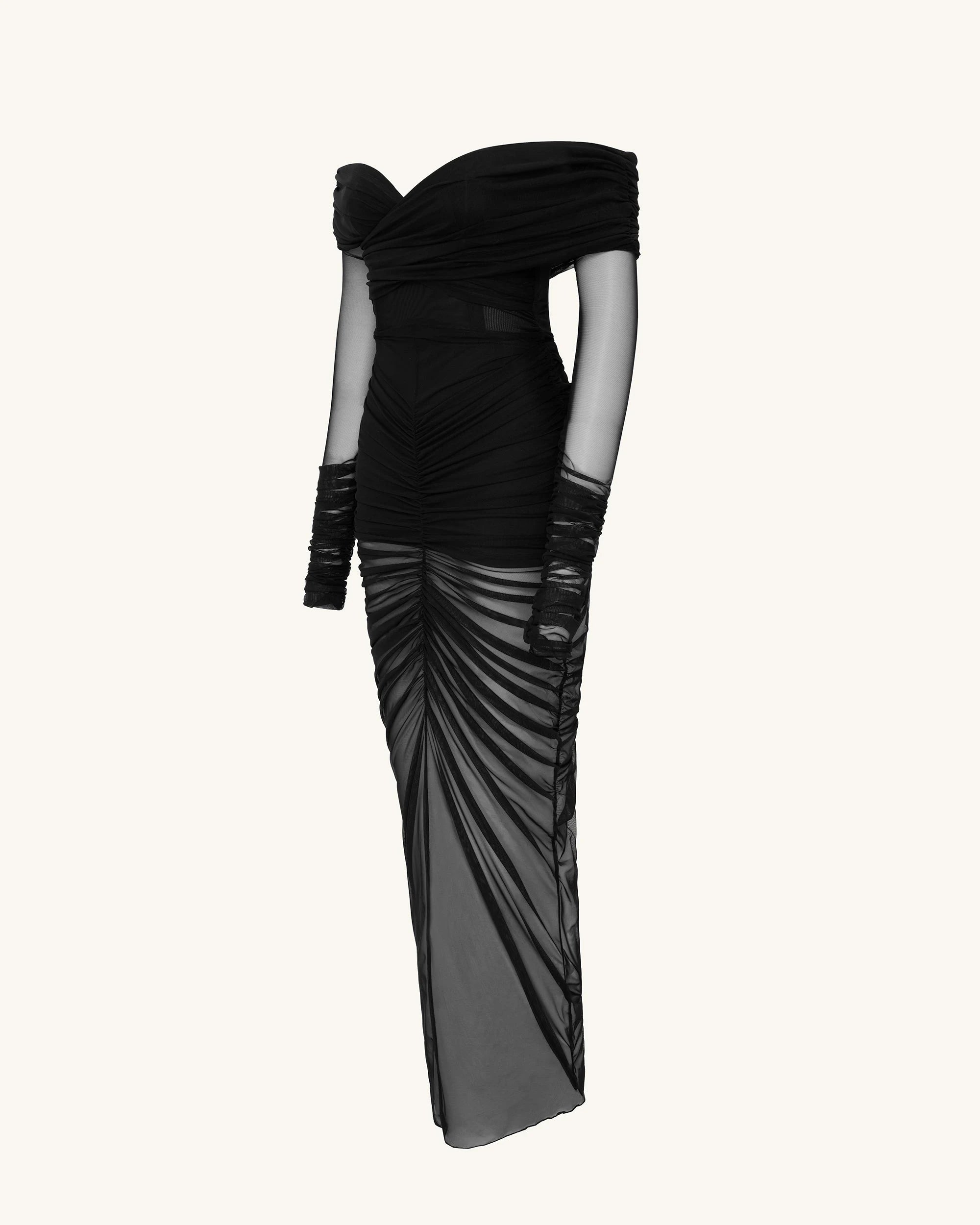 Elegant Off-Shoulder Long Sleeve Ruched Black Maxi Prom Dress Women's Gown