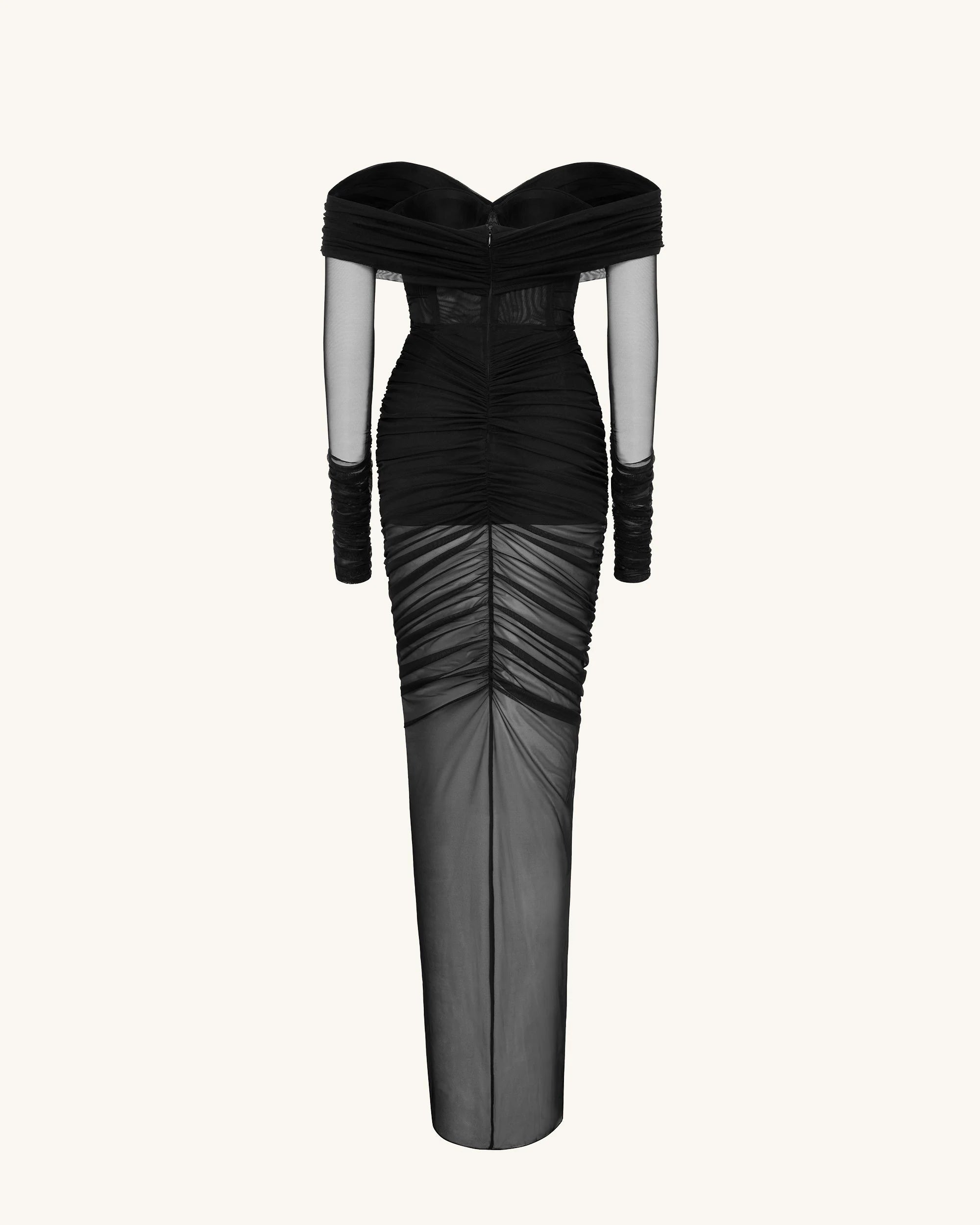 Elegant Off-Shoulder Long Sleeve Ruched Black Maxi Prom Dress Women's Gown