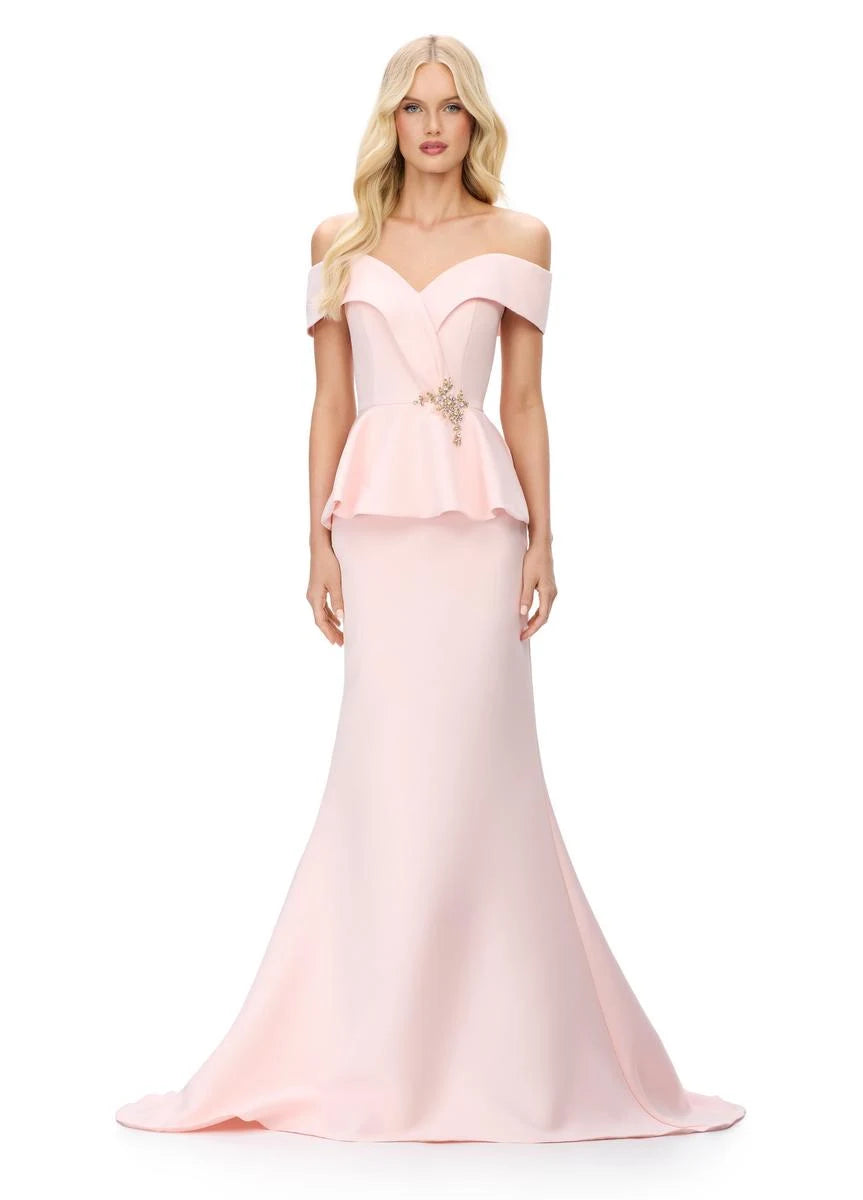 Elegant Off-Shoulder Peplum Mermaid Blush Pink Floor-Length Prom Gown