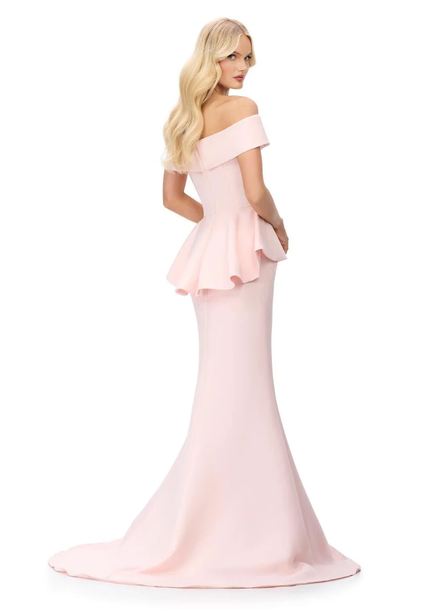 Elegant Off-Shoulder Peplum Mermaid Blush Pink Floor-Length Prom Gown