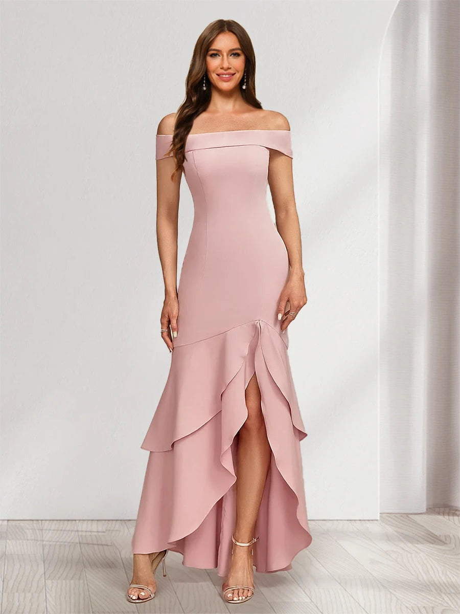 Elegant Off-Shoulder Ruffled High-Slit Blush Pink Floor-Length Prom Dresses Gown
