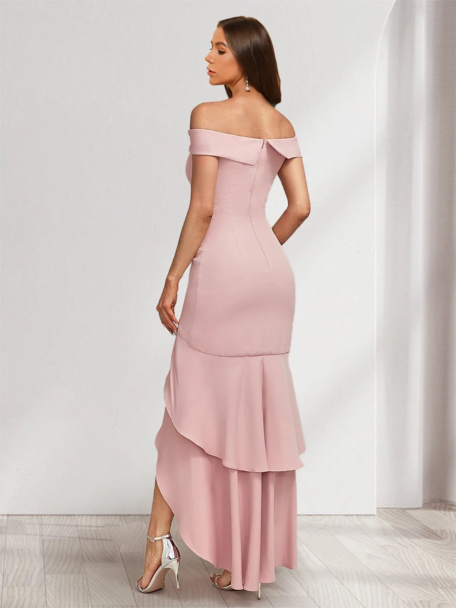 Elegant Off-Shoulder Ruffled High-Slit Blush Pink Floor-Length Prom Dresses Gown