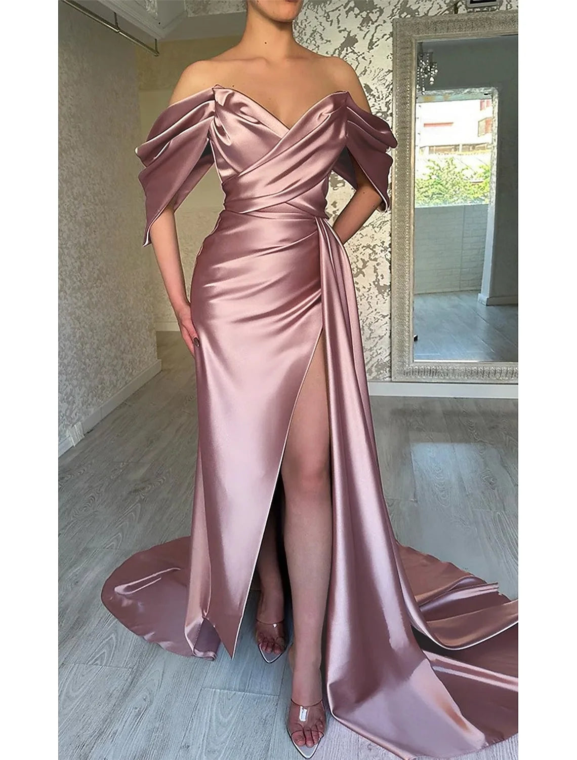 Elegant Off-Shoulder Sweetheart Draped High Slit Dusty Rose Floor-Length Evening Dress