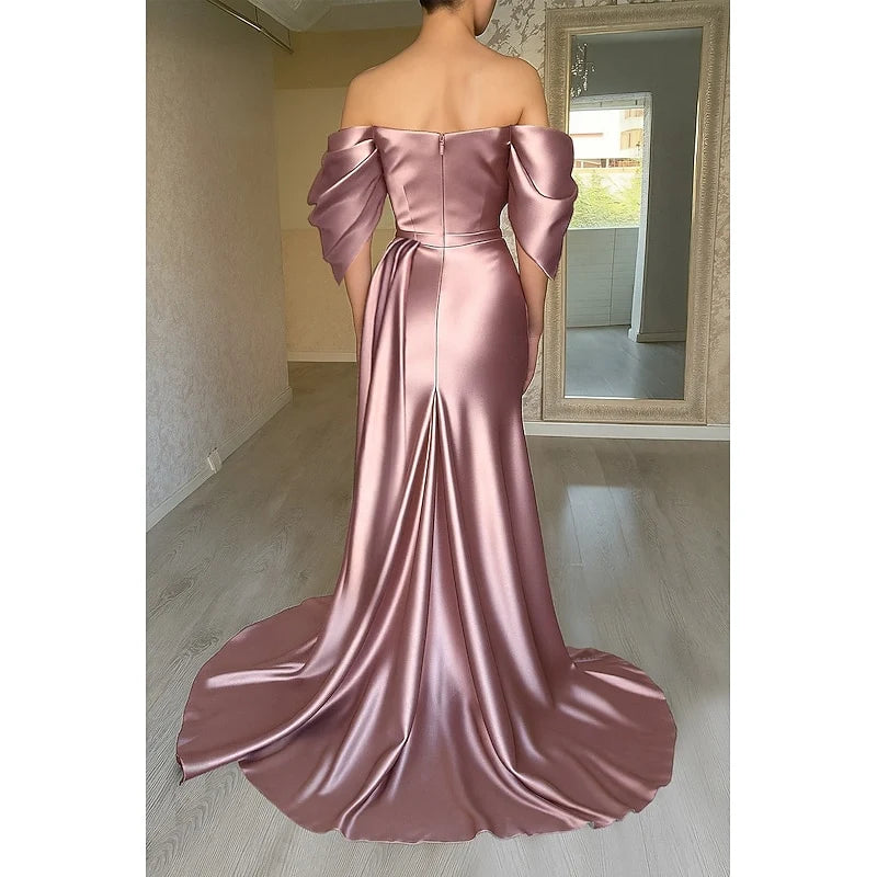 Elegant Off-Shoulder Sweetheart Draped High Slit Dusty Rose Floor-Length Evening Dress