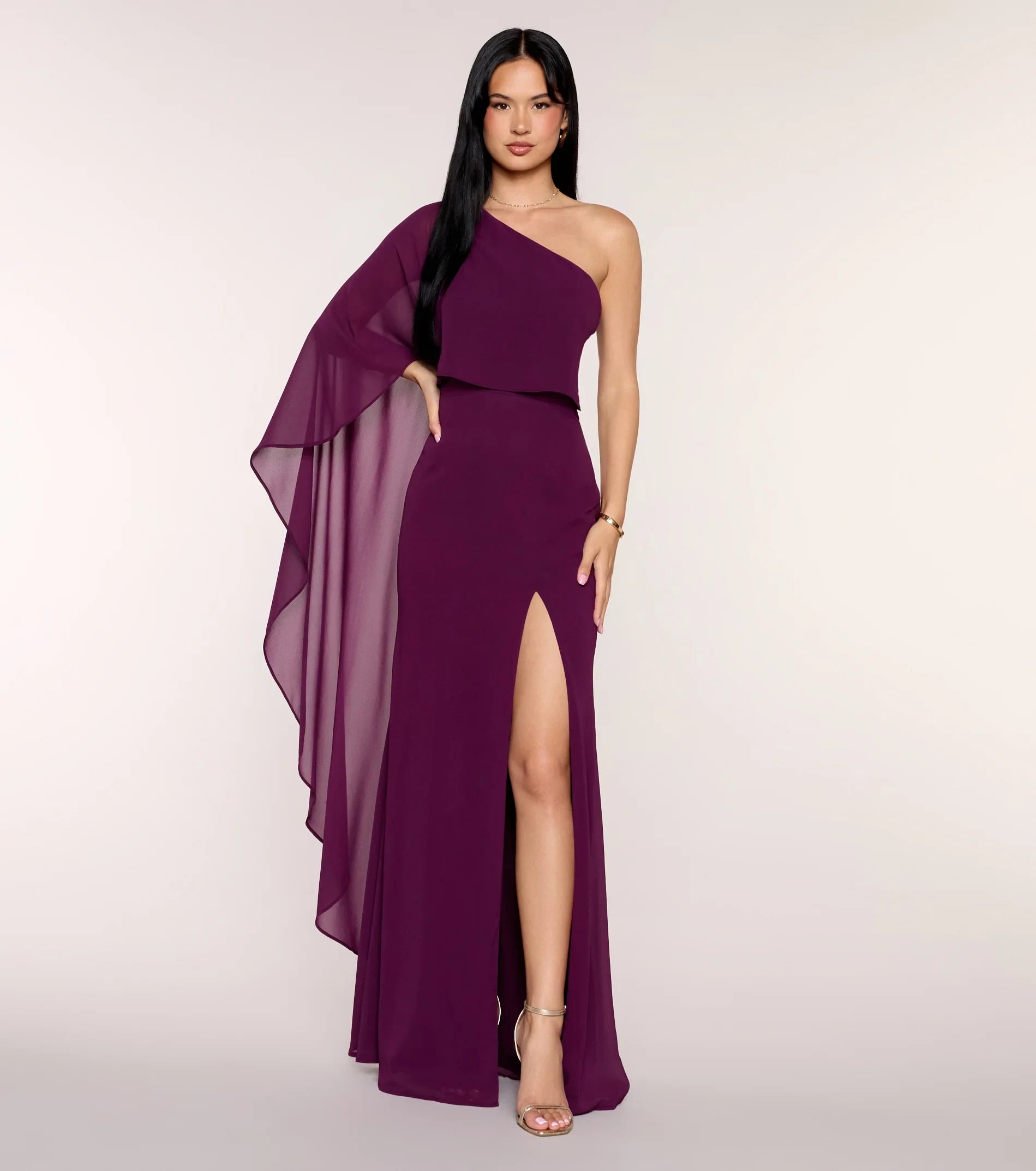 Elegant One-Shoulder Draped Cape High Slit Plum Floor-Length Prom Dress Gown