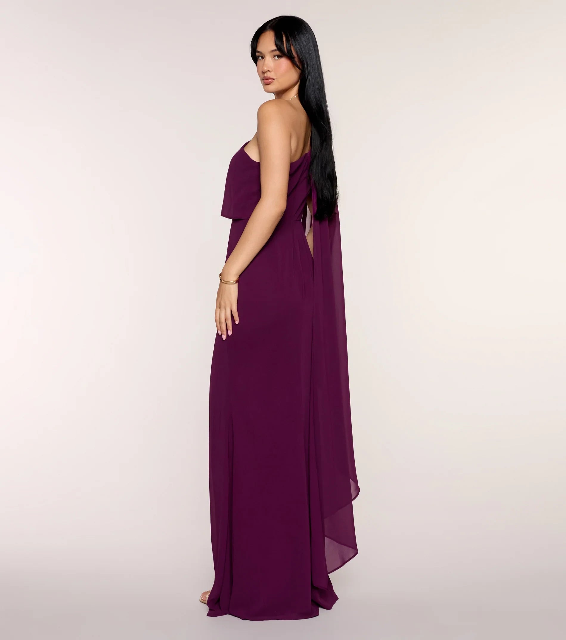 Elegant One-Shoulder Draped Cape High Slit Plum Floor-Length Prom Dress Gown