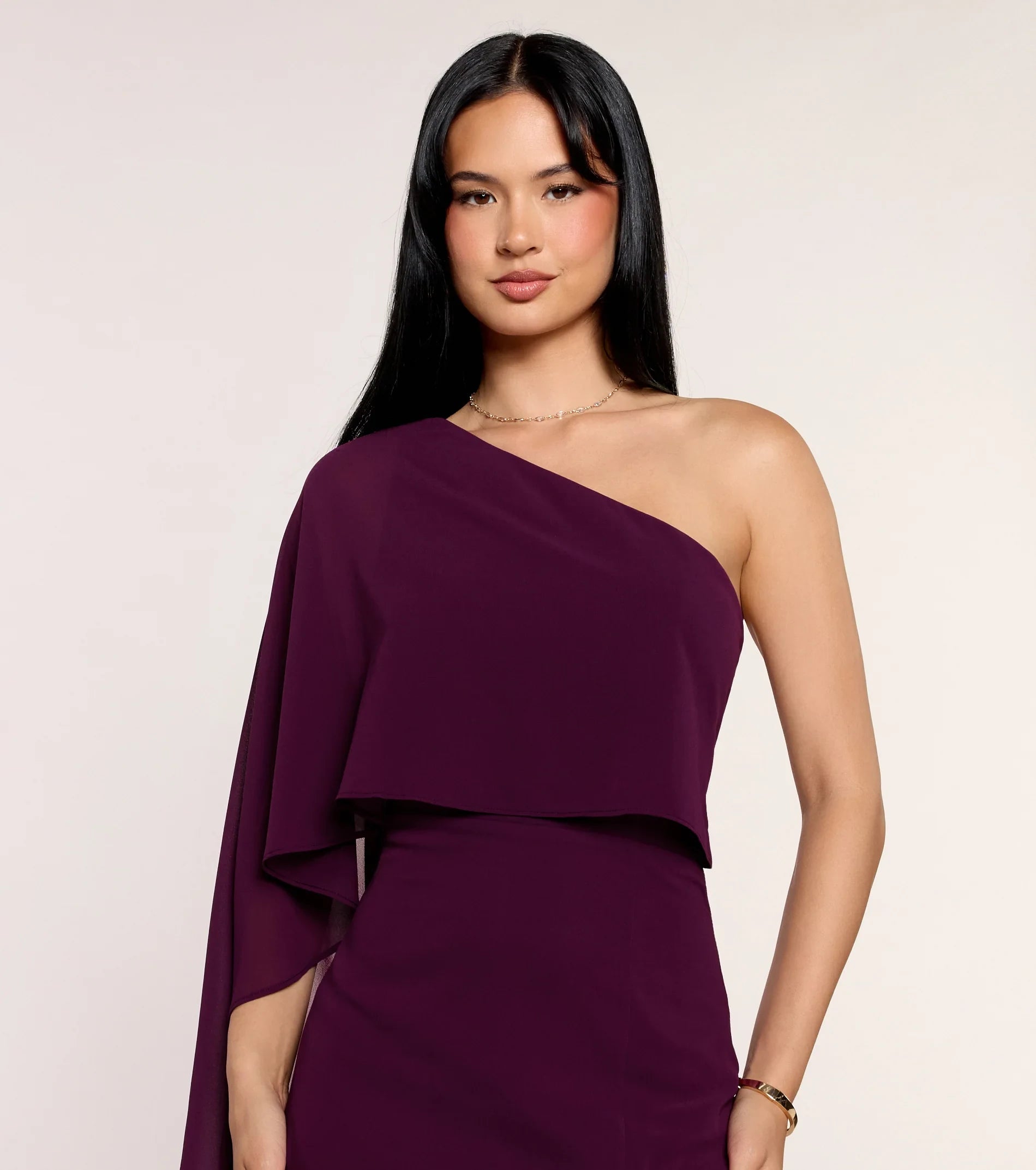 Elegant One-Shoulder Draped Cape High Slit Plum Floor-Length Prom Dress Gown