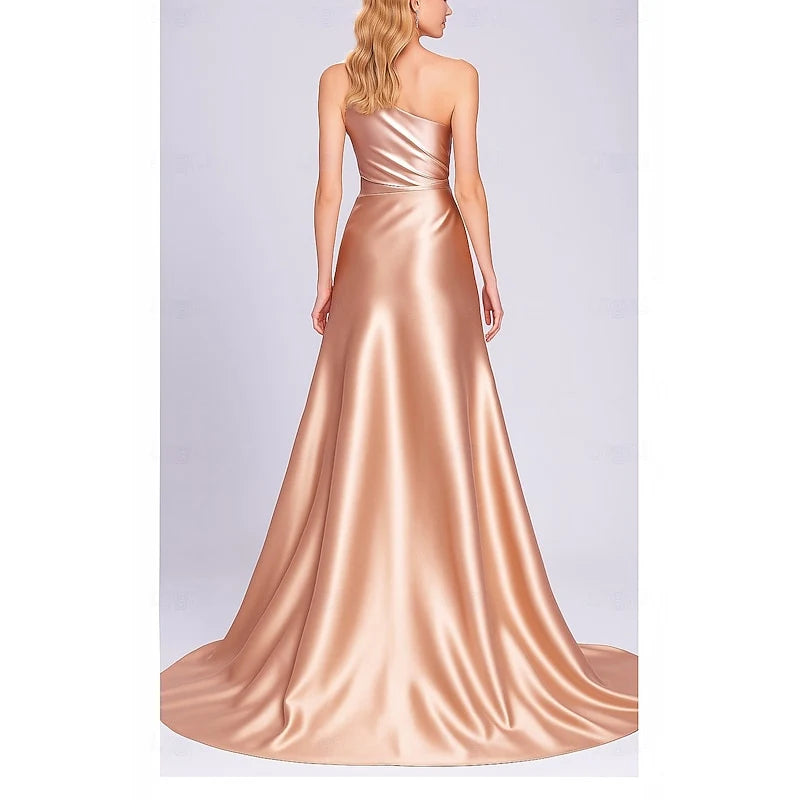 Elegant One-Shoulder Draped Slit Rose Gold Floor-Length Women's Evening Gown