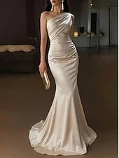Elegant One-Shoulder Sleeveless Ruched Mermaid Champagne Floor-Length Prom Gown